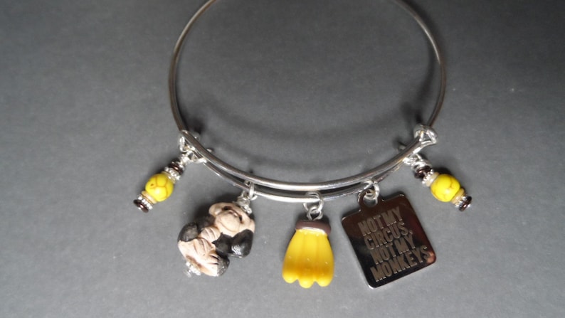 Monkey Bangle Bracelet,Free Shipping,Ceramic Monkey StainlessCharm Not My Circus,Not My Monkeys,Banana Charms,Great GIft For Monkey Lover