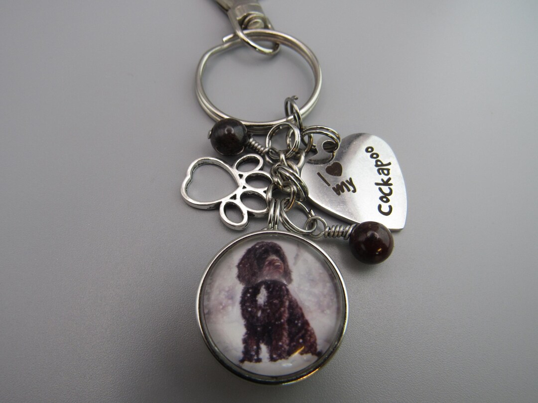Cockapoo Photo Keychain: Stainless Steel Charm, Paw Print, Black Beads ...