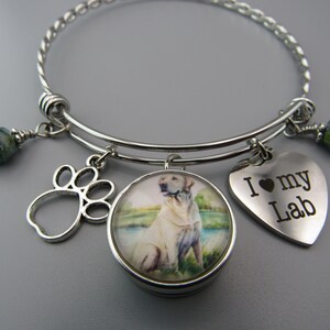 Labrador Bangle Bracelet: Photo Snap & Paw Print, Stainless Steel Charm, Green Beads