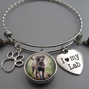 Chocolate Lab Photo Bangle Bracelet: Stainless Steel Charm & Paw