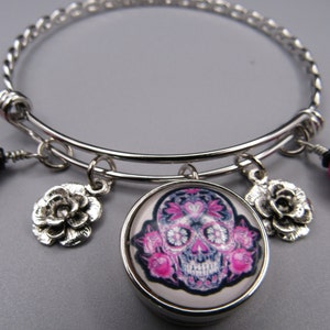 Sugar Skull Bangle Bracelet Photo Snap of Pink Sugar Skull,Rose Charms,Pink Beads.Great Gift.