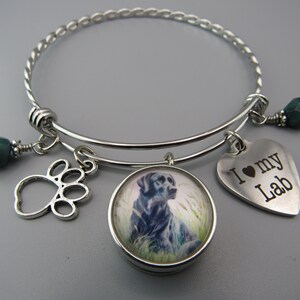Black Lab Photo Bangle Bracelet: Photo Snap & Paw Print, Stainless Steel Charm