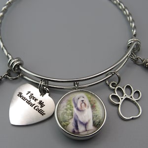 Bearded Collie Bangle Bracelet,Free Shipping,Photo Snap Charm Of Bearded Collie,Stainless "I Love My Bearded Collie,Gray White Beads.