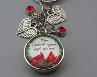 Cardinal's Keychain,Free Shipping,Photo Snap of Cardinal Appear When Angels Are Near" Wing charms,Red Stones.Great Gift.