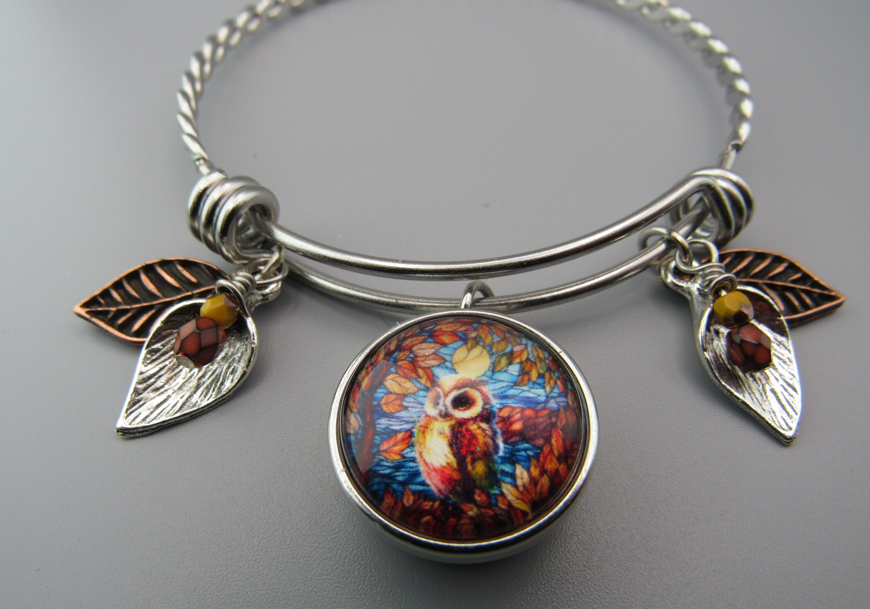 Owl Photo Snap Bangle Bracelet: Stainless Steel, Leaf Charms