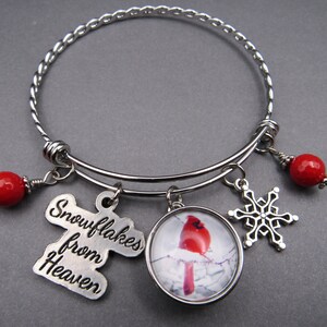 Snowflakes Bangle Bracelet ,Free Shipping ,Snowflakes From Heaven Charm, Photo Snap Charm of Cardinal and Snowflake, Red Beads. Great Gift.