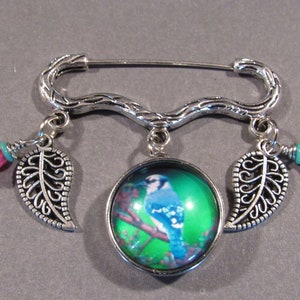 Blue Jay Brooch Pin,Free Shipping,BlueJay Snap Charm,Pink Bell Flower Beads Silver Plated Leafs,Great Gift