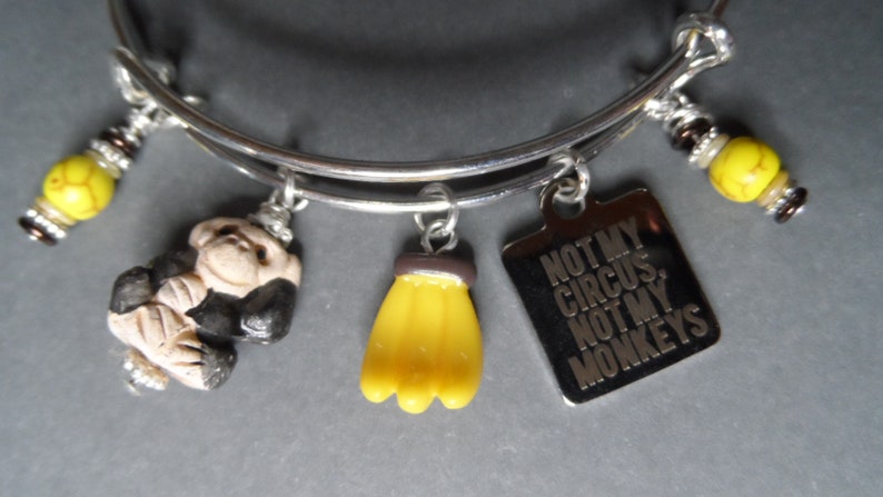 Monkey Bangle Bracelet,Free Shipping,Ceramic Monkey StainlessCharm Not My Circus,Not My Monkeys,Banana Charms,Great GIft For Monkey Lover