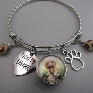 May include: Silver charm bracelet with a heart charm that says "I love my Cavapoo", a paw print charm, and a charm with a photo of a brown and white Cavapoo dog.