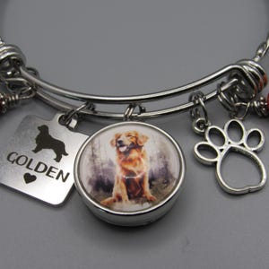 Golden Retriever Bangle Bracelet: Stainless Steel, Paw Charms, Brown Beads