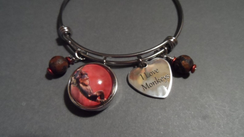 Monkey Bangle Bracelet,Free Shipping,Photo of Monkey Snap,Stainless I Love Monkeys Charms,Brown Agate Beads.Great Gift For Monkey Lovers.