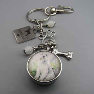 Schnauzer Keychain,Free Shipping,Photo Snap of Schnauzer,Stainless of &quot;Love My Schnauzer,Paw And Bone Charm, White Beads.Great Gift.