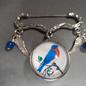 Bluebird Snap Brooch Pin,Free Shipping,Bluebird Snap Photo and Silver Plated Wings Charms,Blue Beads.Great GIft For Bird Lovers.