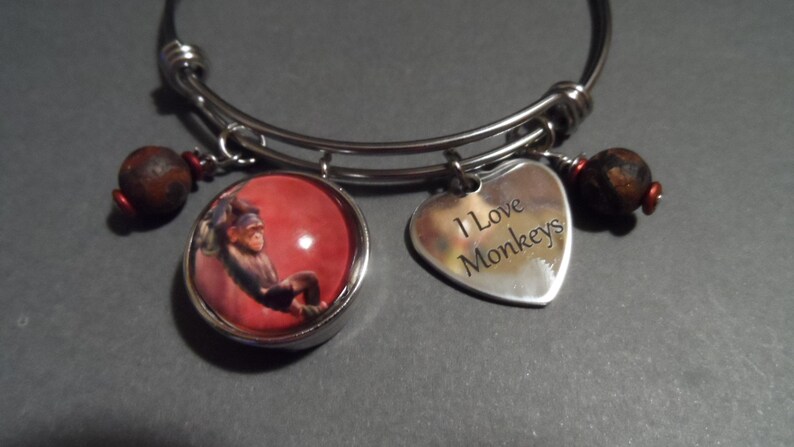 Monkey Bangle Bracelet,Free Shipping,Photo of Monkey Snap,Stainless I Love Monkeys Charms,Brown Agate Beads.Great Gift For Monkey Lovers.