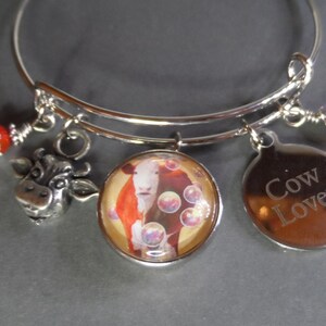 Cow Charm Bangle Bracelet: Stainless Steel, Agate Beads