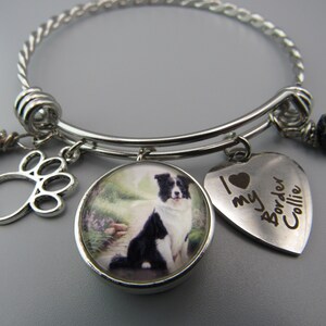 Border Collie Photo Bangle Bracelet: Paw Charm, Black White Beads