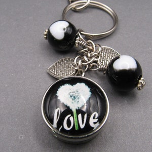Love Dandelion Photo Keychain: Silver Heart Charms, Black & White Beads