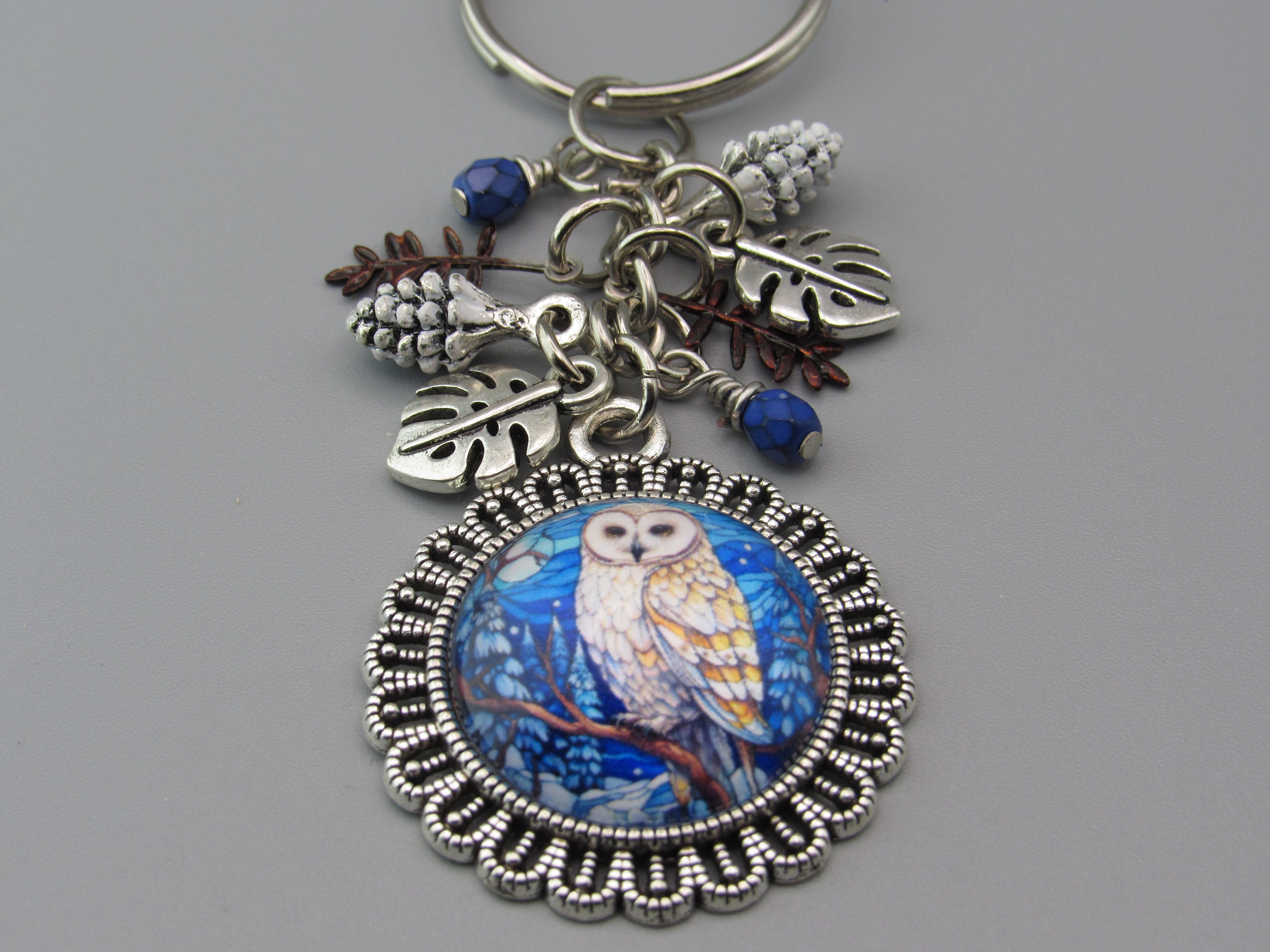 Barn Owl Keychain,Free Shipping,Photo Charm of Barn Owl,Metal Leaf and Pinecone,Branch Charms,Blue B