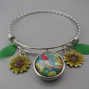 Cardinal's Bangle Bracelet,Free Shipping,Photo Charm of Cardinal's in Sunflowers,Sunflower charms,Green Leaf Beads.Great Gift.