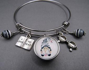 Gnome Reading Bangle Bracelet: Book Lover Charm Bracelet