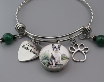 Boston Terrier Bangle Bracelet: Stainless Steel Charm & Green Agate Beads