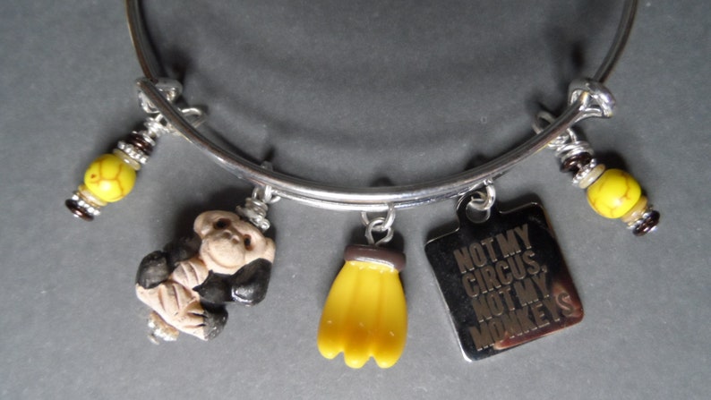 Monkey Bangle Bracelet,Free Shipping,Ceramic Monkey StainlessCharm Not My Circus,Not My Monkeys,Banana Charms,Great GIft For Monkey Lover
