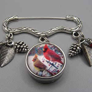 Cardinal&#39;s Brooch Pin, Winter Pin, Free Shipping,  Photo Snap Charm  with Metal Leaves and Pine cones, Great Gift For Cardinal Lovers