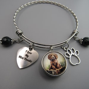 Mini Poodle Bangle Bracelet, Free Shipping, Photo Snap of Mini Poodle, Stainless Charm of &quot;I Love My Mini Poodle Paw Charms,Green Beads.