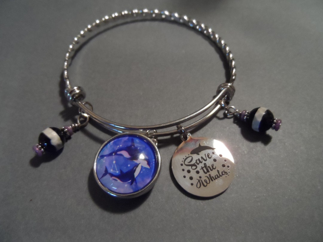 Whale Bangle Bracelet: Stainless Steel, Agate Beads, 'save the