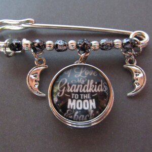 Grandparents Kilt Pin,Free Shipping,I Love My Grandkids To The Moon And Back Snap Charm, Silver Moon Charms,Black, Silver Beads,Great Gift