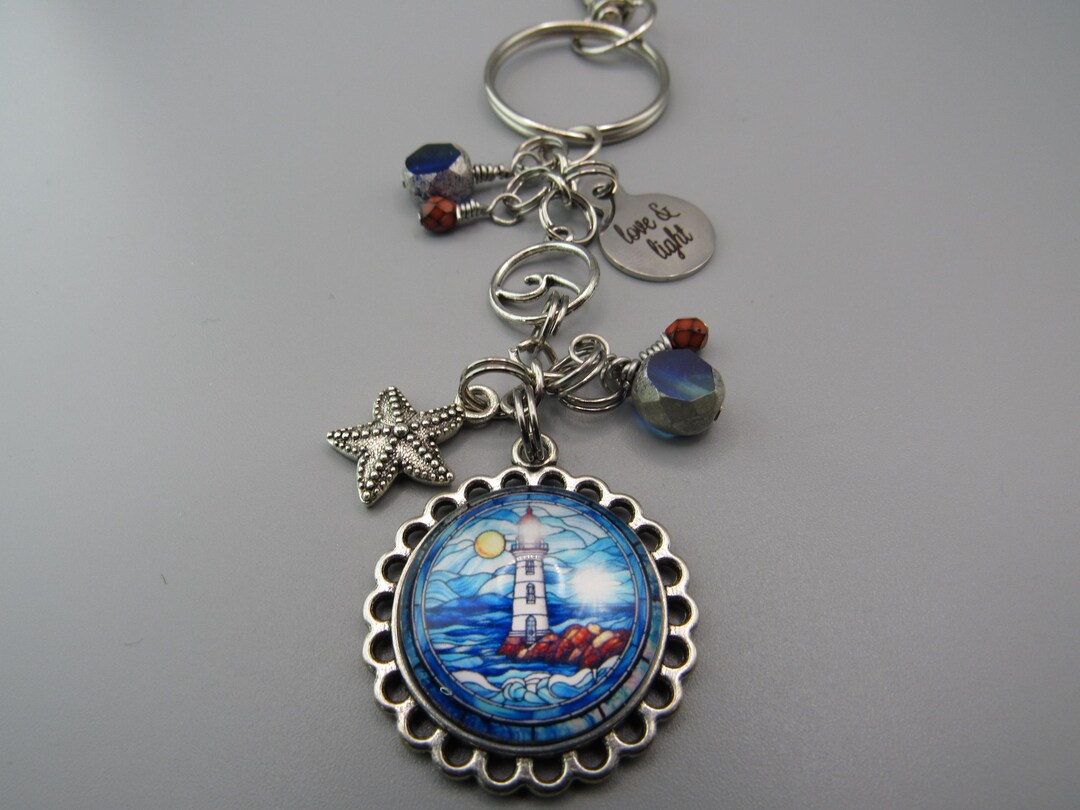 Lighthouse Key Chain Lighthouse Keychain: Wave, Starfish & Blue Beads Photo Charm - Etsy