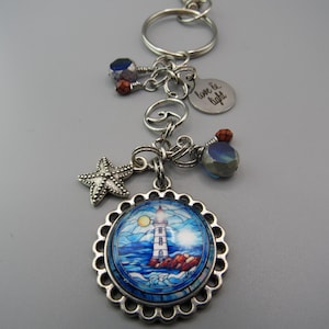 Lighthouse Keychain: Wave, Starfish & Blue Beads Photo Charm