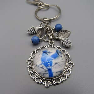 Blue Jay Photo Keychain: Pinecone & Leaf Charms