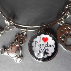 Panda Bear Bangle Bracelet,Free Shipping,Photo Snap Charm&quot;I Love Pandas&quot;Panda Bear and Claw Charms,Black,White Beads.Gift For Panda Lovers