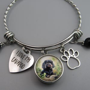 May include: Silver-toned expandable bracelet with a heart charm that reads "I LOVE MY CAVAPOO", a round charm with a Cavapoo image, and a paw print charm. The bracelet also has black bead accents.