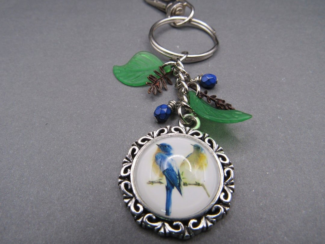 Bluebird Photo Charm Keychain: Green Leaf & Branch Beads - Etsy