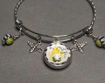 Gnome Bangle Bracelet: Stainless Steel, Bee Charms, Yellow Black Beads