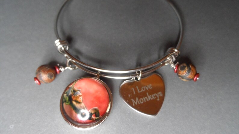 Monkey Bangle Bracelet,Free Shipping,Photo of Monkey Snap,Stainless I Love Monkeys Charms,Brown Agate Beads.Great Gift For Monkey Lovers.