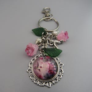 Hummingbird Photo Charm Keychain: Pink Flower and Leaf Beads