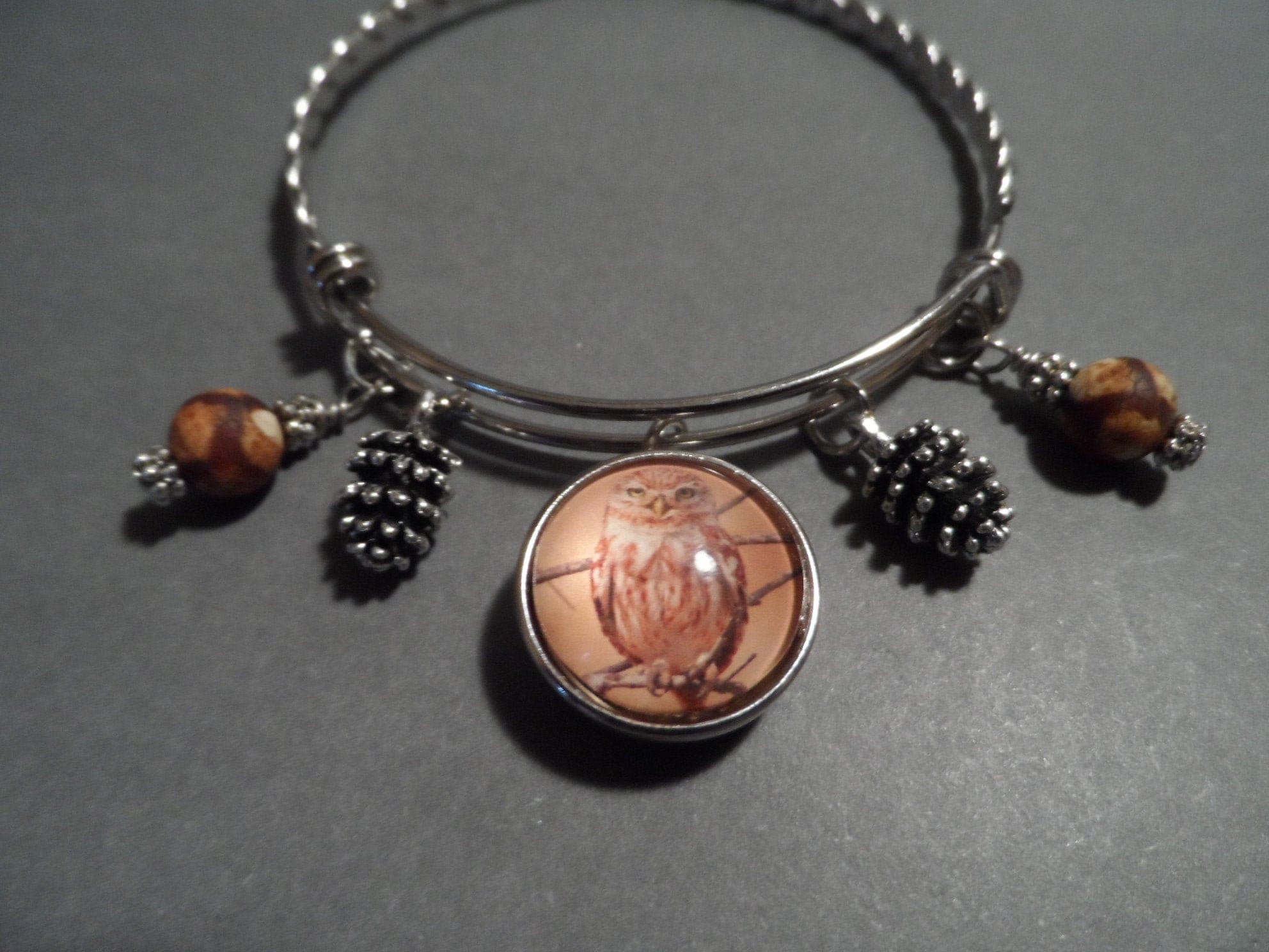Owl Bangle Bracelet: Photo Snap, Pinecone Charms, Agate Beads
