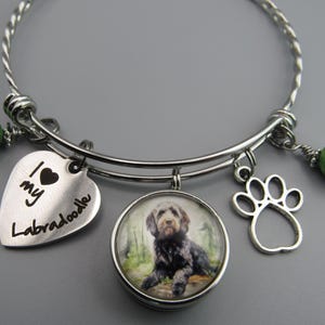 Labradoodle Photo Bangle Bracelet: Stainless Steel, Paw Charms & Green Beads