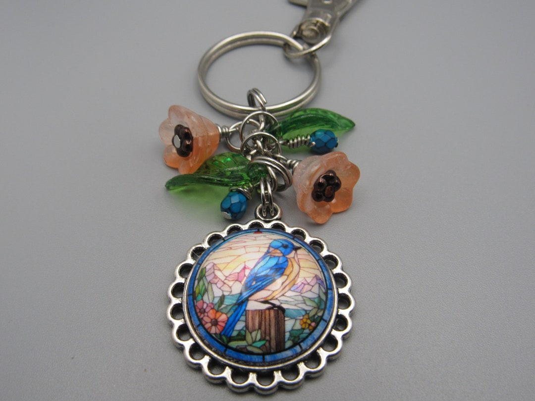 Stained Glass Bluebird Keychain: Orange Flower & Blue Bead Charm - Etsy