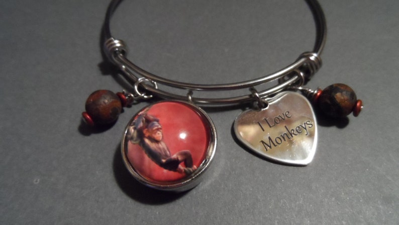 Monkey Bangle Bracelet,Free Shipping,Photo of Monkey Snap,Stainless I Love Monkeys Charms,Brown Agate Beads.Great Gift For Monkey Lovers.