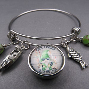 Gnome Bangle Bracelete,Free Shipping,Photo Snap Charm,Boat and Fish Charms,Green Beads.Great Gift.