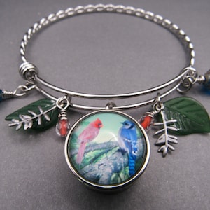 Cardinal Blue Jay Photo Charm Bangle Bracelet: Stainless Steel Expandable Bangle