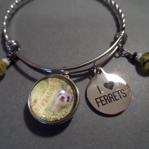 Ferret Bangle Bracelet,Free Shipping,Photo Snap of Ferret,Stainless Charm &quot;I Love Ferrets,&quot;Agate Beads.Lovers of Ferrets.