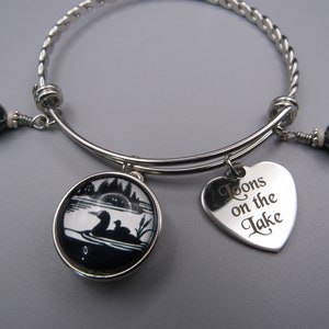 Loon Snap Charm Bangle Bracelet: Stainless Steel with Black Bone Beads