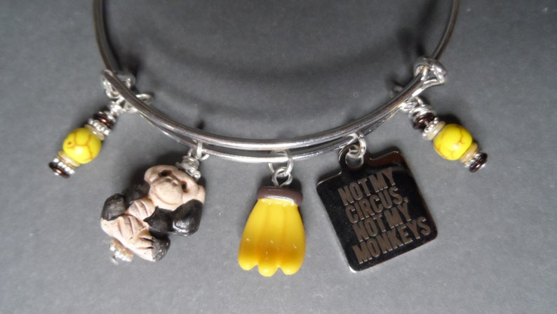 Monkey Bangle Bracelet,Free Shipping,Ceramic Monkey StainlessCharm Not My Circus,Not My Monkeys,Banana Charms,Great GIft For Monkey Lover