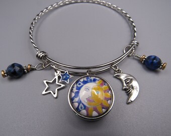 Sun, Moon, Star Bangle Bracelet, Free Shipping, Photo Snap Charm, Silver Plated Charms. Great Gift