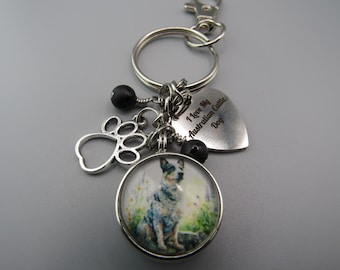 Australian Cattle Dog Keychain Stainless Charm Black Beads
